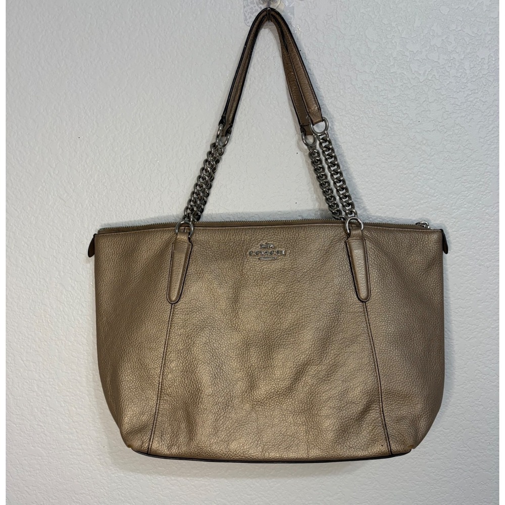 Coach Ava Chain Tote Metallic‎ Gold Pebbled Leather Shoulder Bag F28930